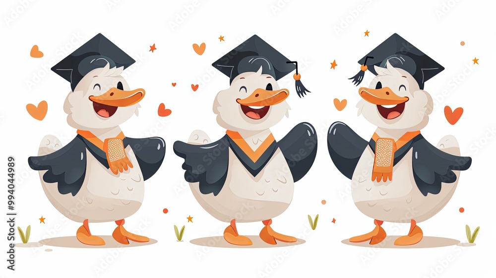 Fototapeta premium Cute graduate goose character and You Did It lettering in Scandinavian lettering. Geese wearing in graduation hat. Vector isolated illustration