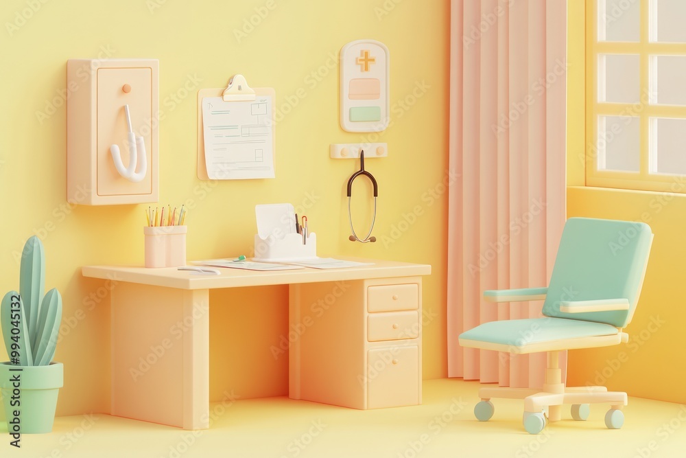 A bright, minimalistic medical office with a desk, chair, and healthcare-related decor. A bright, minimalistic medical office with a desk, chair, and healthcare-related decor.