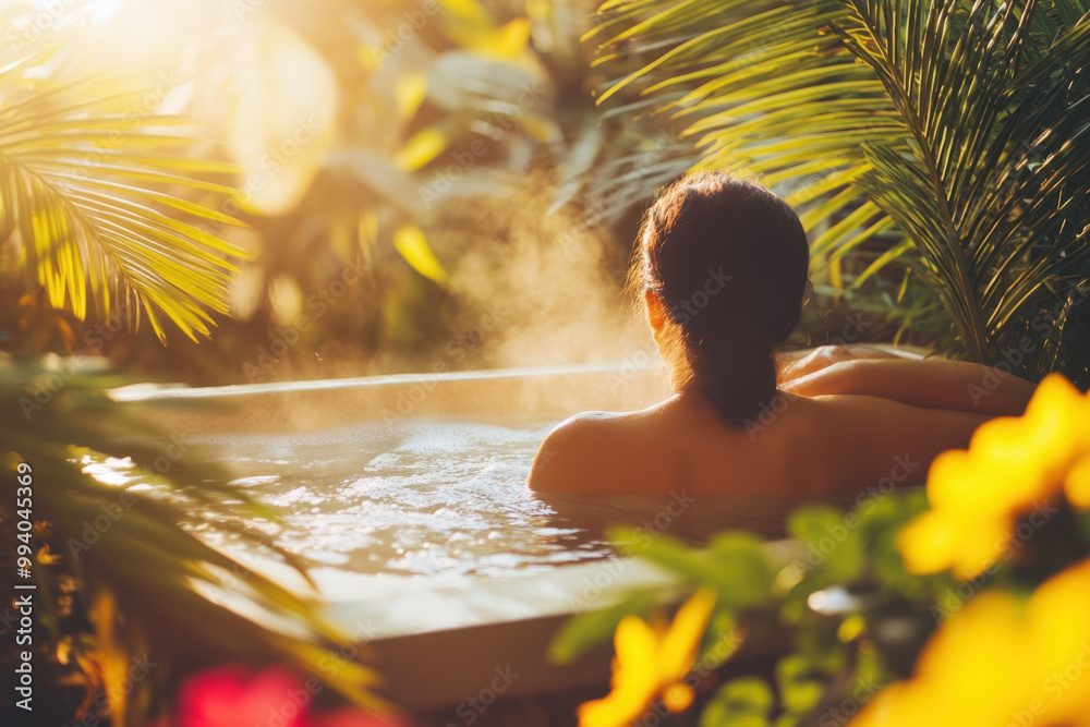 Woman is enjoying a relaxing bath surrounded by lush tropical vegetation as the sun streams through the leaves