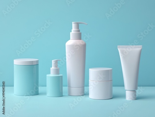 A curated selection of luxurious skincare products arranged neatly against a soothing blue backdrop