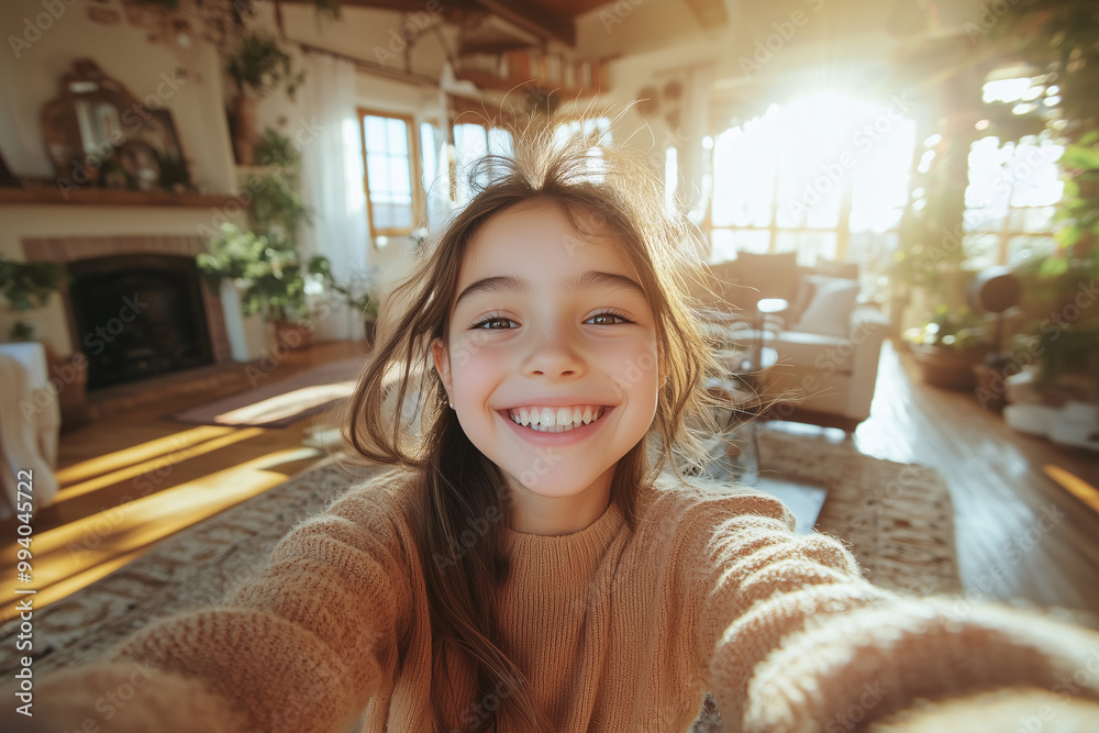 Smiling young girl taking a selfie in a sunlit living room Stock Photo ...