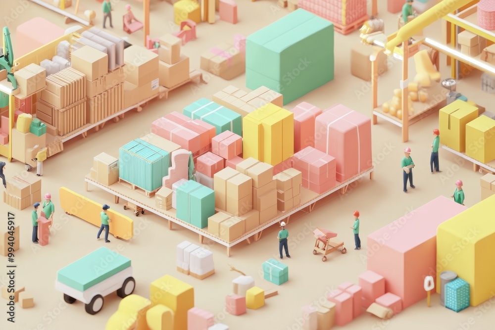 Fototapeta premium A colorful warehouse scene with workers organizing various packages and boxes.