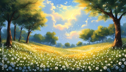 Dreamy Spring Scene of Serene Dandelion Fields and Tranquil Relaxation photo