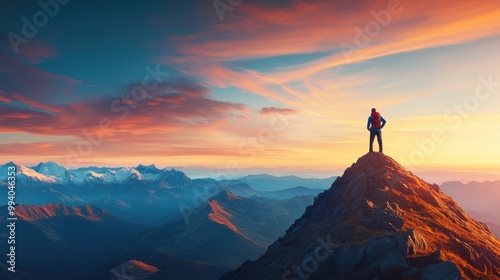 Man on Mountain Peak at Sunset with Dramatic Sky and Alpine Landscape