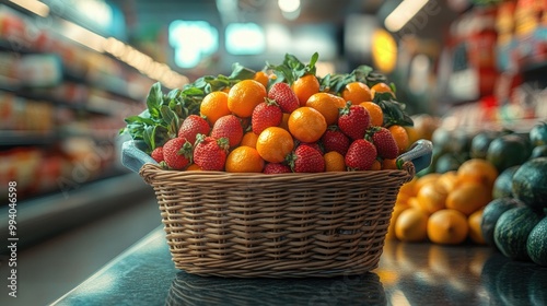 Shopping Basket Filled with Groceries at Checkout for Retail Use photo