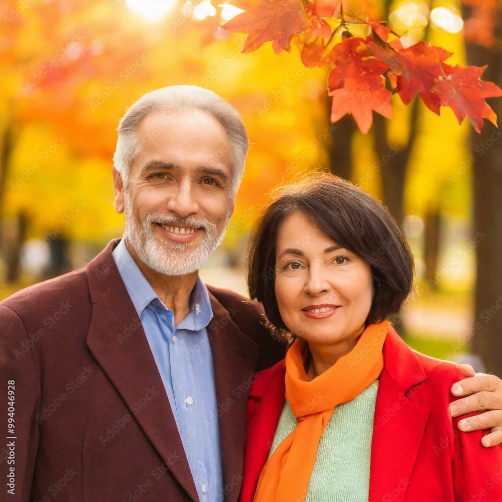 In a serene autumn park, an elderly couple strolls hand in hand ...