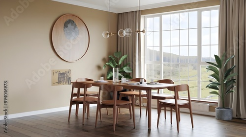 A cozy dining room featuring a round mockup frame and a wooden table surrounded by elegant chairs, ready for a meal with family or friends. photo