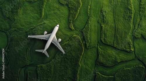 Aerial view of an airplane flying over lush green fields, representing travel, connectivity, and the modern aviation industry surrounded by natural landscapes and global exploration. photo