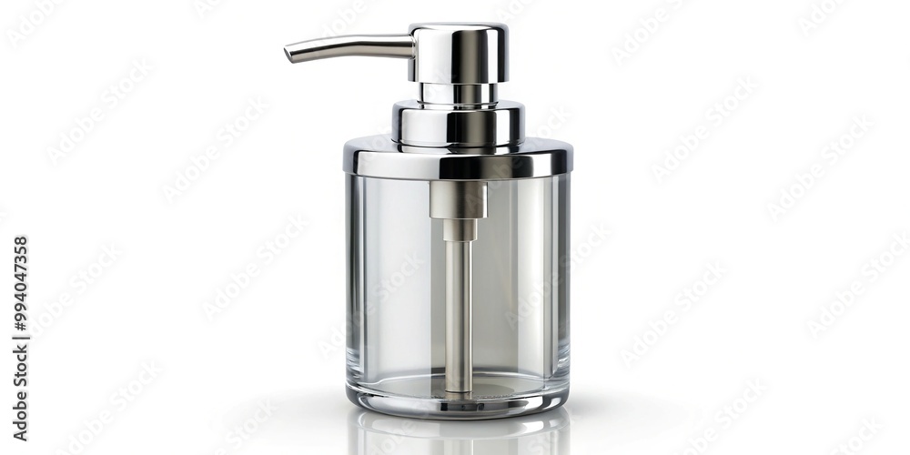 A sleek, modern lotion dispenser with a chrome pump and transparent bottle, sitting on a clean white background, ready for beauty and skincare routines. A sleek, modern lotion dispenser with a chrome pump and transparent bottle, sitting on a clean white background, ready for beauty and skincare routines.
