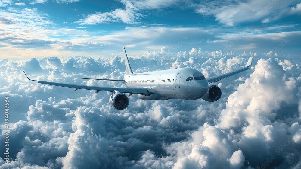Airplane Soaring Through a Clear Sky with Fluffy Clouds - Perfect for Travel and Aviation Themes Airplane Soaring Through a Clear Sky with Fluffy Clouds - Perfect for Travel and Aviation Themes