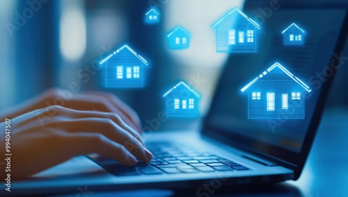 A person using their laptop to search for homes on the internet, with digital icons of houses floating above it real estate marketing through online shopping or property searching Generative AI