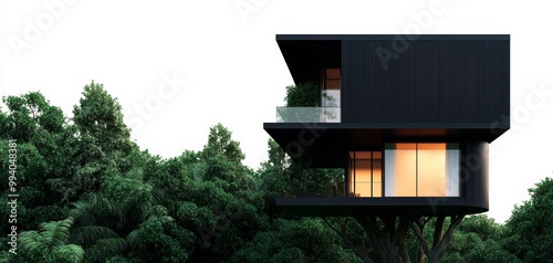 Modern black house perched among lush greenery under a clear sky.