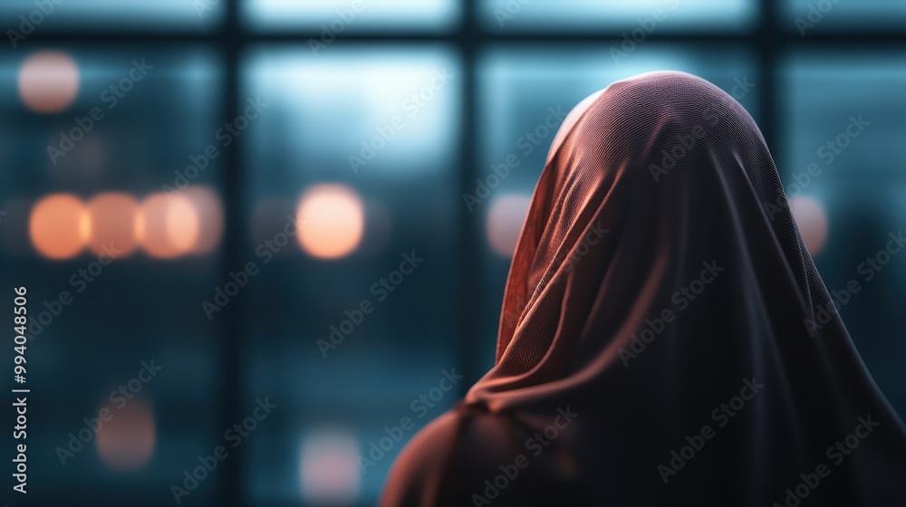 This image portrays a silhouetted woman, adorned in a hijab, against the backdrop of cityscape lights, offering a beautiful contrast and a sense of mystery and anticipation. This image portrays a silhouetted woman, adorned in a hijab, against the backdrop of cityscape lights, offering a beautiful contrast and a sense of mystery and anticipation.