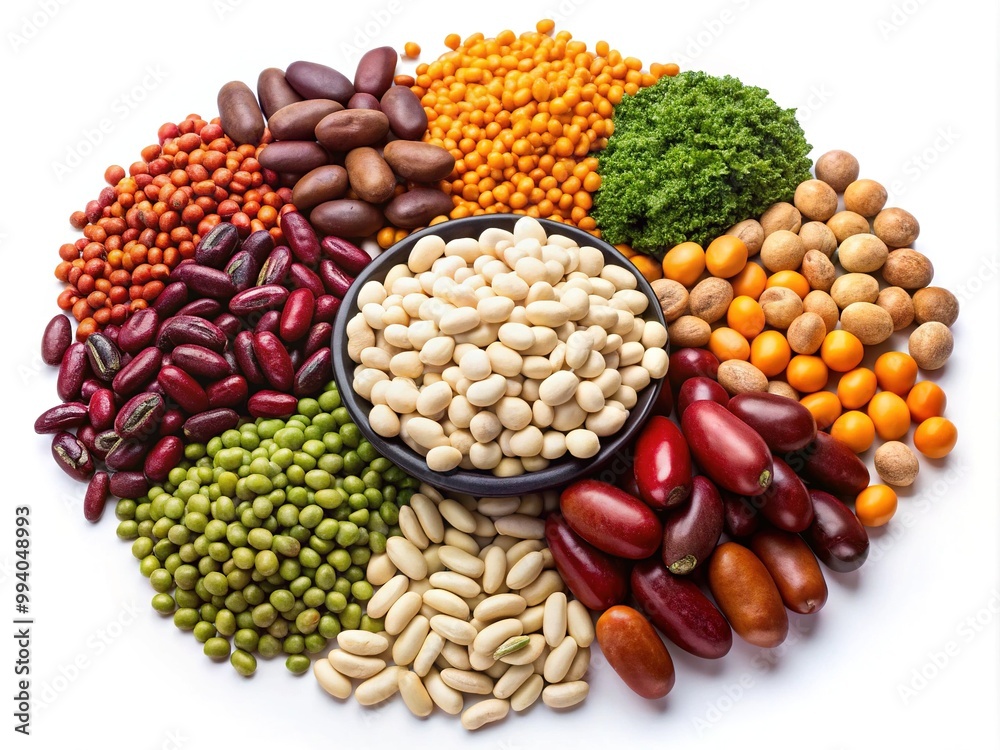 Obraz premium Assorted colorful legumes including lentils, chickpeas, and kidney beans isolated on white background, showcasing their unique shapes and vibrant natural colors.