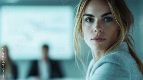 A businesswoman is in focus, with her blurry colleagues in the background during a meeting, highlighting the primary subject and the importance of focus in professional settings. photo