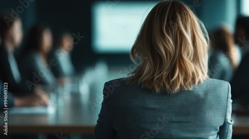 A businesswoman with blonde hair is seen from the rear, attentively participating in a corporate meeting, representing professionalism and focus for stock photography related to business. photo