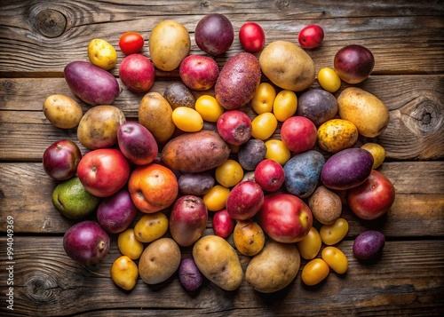 Assorted heirloom potatoes in various shapes, sizes, and colors, including ruby red, Yukon gold, and purple, arranged artfully on a rustic wooden table. photo