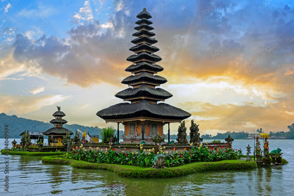 Pura Ulun Danu Bratan water temple with pagoda at sunset, Baturiti, Bali, Indonesia Pura Ulun Danu Bratan water temple with pagoda at sunset, Baturiti, Bali, Indonesia