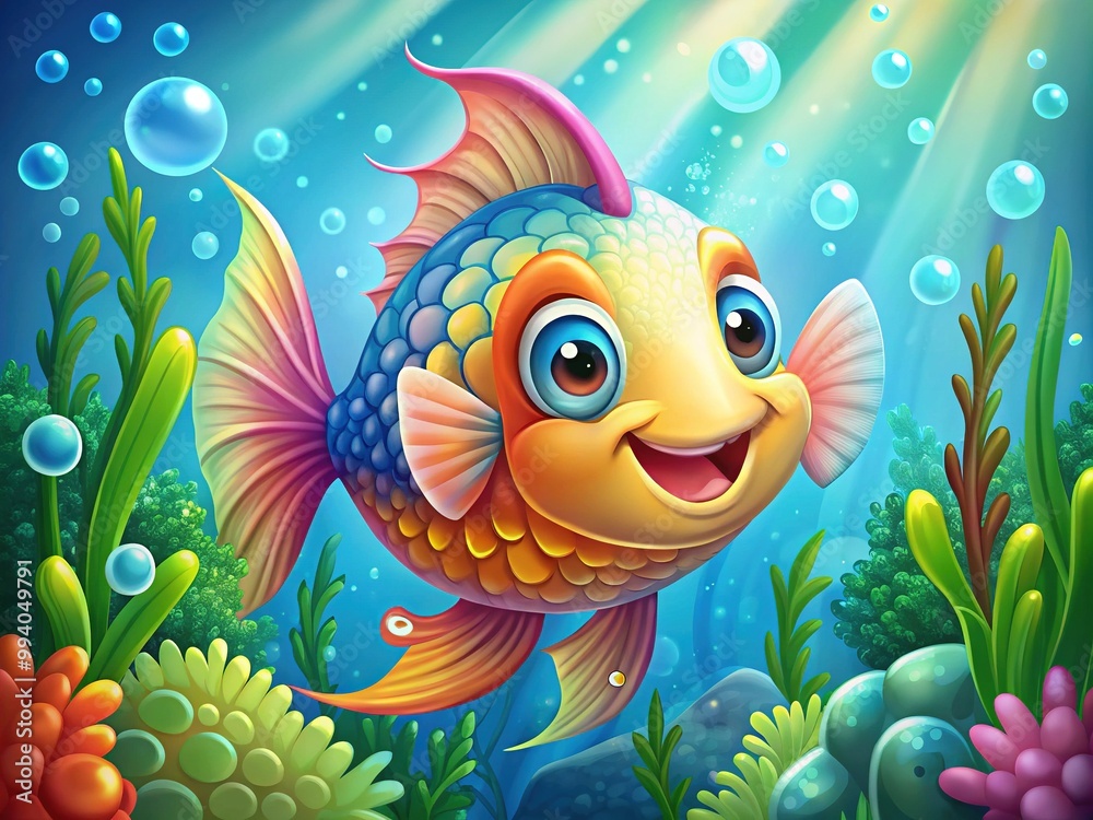 Colorful illustration of a smiling cartoon fish with shiny scales, surrounded by seaweed and bubbles, in a playful underwater scene with vibrant ocean colors. Colorful illustration of a smiling cartoon fish with shiny scales, surrounded by seaweed and bubbles, in a playful underwater scene with vibrant ocean colors.