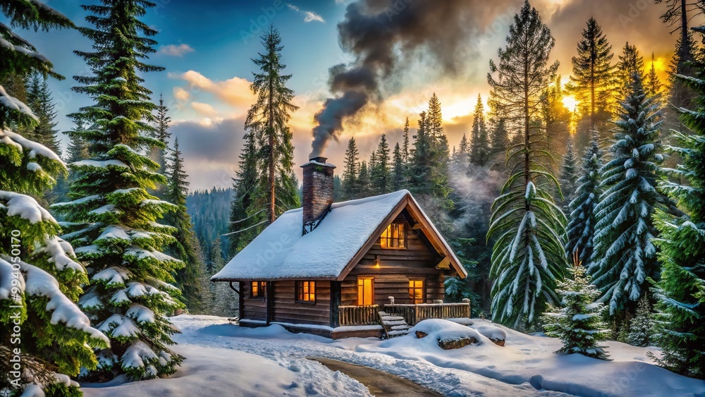 Fototapeta premium Cozy rustic log house nestled among towering evergreen trees, surrounded by lush greenery, with smoke drifting lazily from the chimney on a serene winter morning.