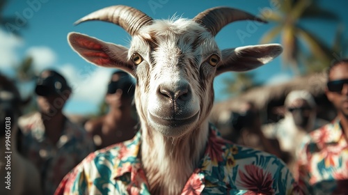 A humorous image of a goat wearing a brightly colored floral shirt standing in bright daylight with a tropical island backdrop and blurred figures in beachwear behind. photo