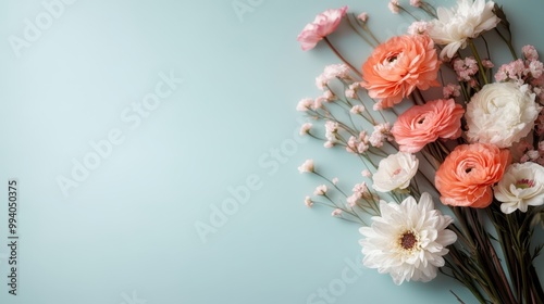 A stunning collection of various flowers in soft colors beautifully arranged against a light blue background, creating a visually pleasing and artistically balanced image.