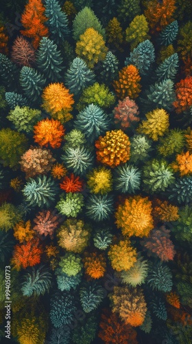 A vibrant aerial view of an autumn forest, with trees displaying hues from deep greens to bright yellows and oranges