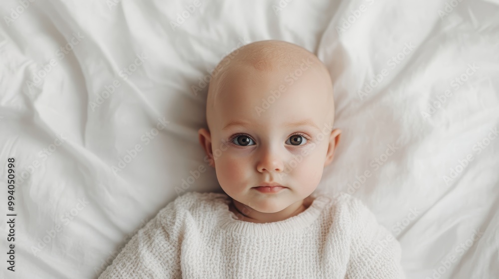 A serene and adorable scene showcasing a newborn baby lying peacefully on a soft white bed, dressed in a cozy knitted outfit, evoking a sense of innocence and calm. A serene and adorable scene showcasing a newborn baby lying peacefully on a soft white bed, dressed in a cozy knitted outfit, evoking a sense of innocence and calm.