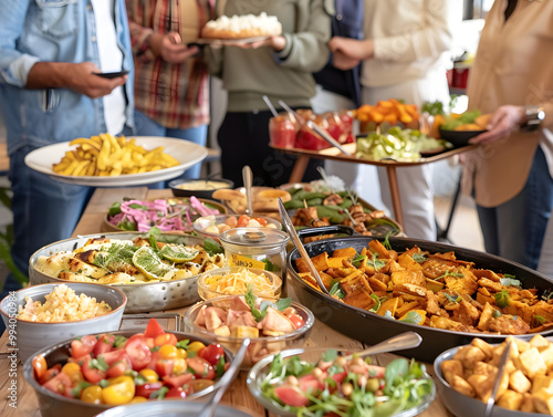 Diverse group enjoying potluck dinner with dishes from different cuisines, sitting around table laughing.