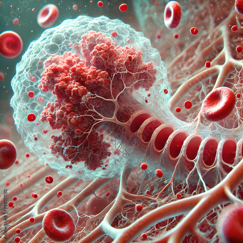 Capillaries surrounding the alveoli in lungs, illustrating process of gas exchange. oxygen moving from alveoli into the capillaries and carbon dioxide moving from the blood into the alveoli.