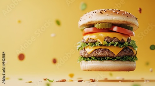 A delicious double cheeseburger with fresh lettuce and tomato is surrounded by a mustard-yellow background, showcasing a perfect meal example in food photography. photo