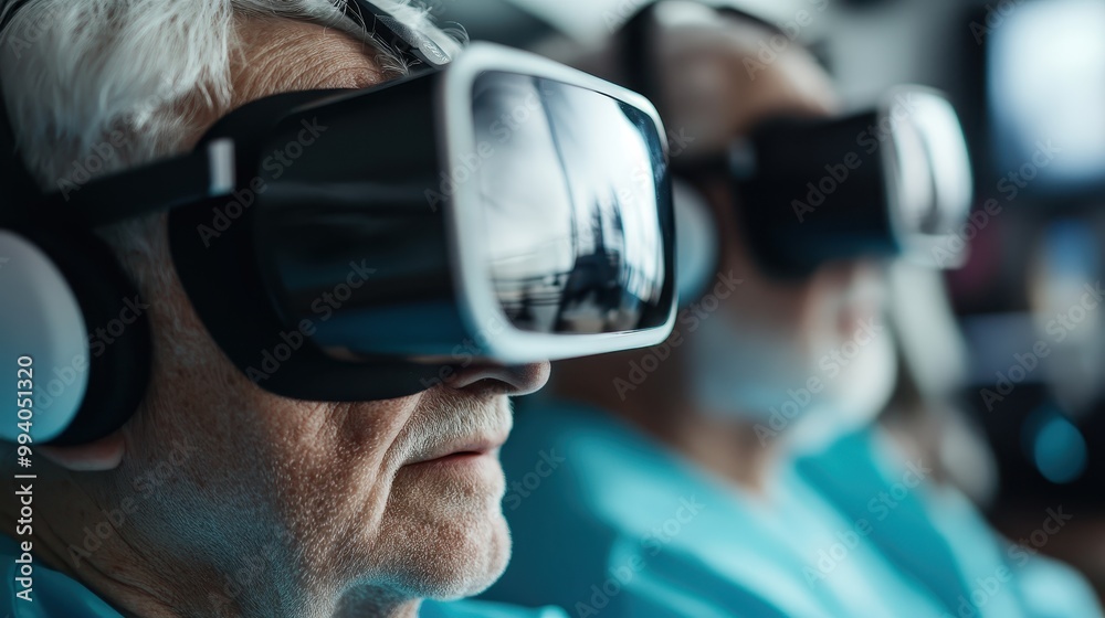 An elderly individual experiencing virtual reality through a high-tech headset, representing the blend of advanced technology and the aging population in today's digital age. An elderly individual experiencing virtual reality through a high-tech headset, representing the blend of advanced technology and the aging population in today's digital age.