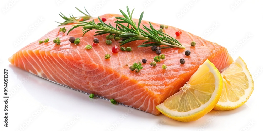 Freshly cooked salmon fillet, garnished with lemon and herbs, lies flat on a clean white background, showcasing its vibrant pink color and delicate texture. Freshly cooked salmon fillet, garnished with lemon and herbs, lies flat on a clean white background, showcasing its vibrant pink color and delicate texture.