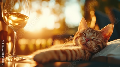 A relaxed cat lays comfortably beside a glass of white wine, basking in the warm sunlight, creating a serene and delightful moment of peace and leisure. photo