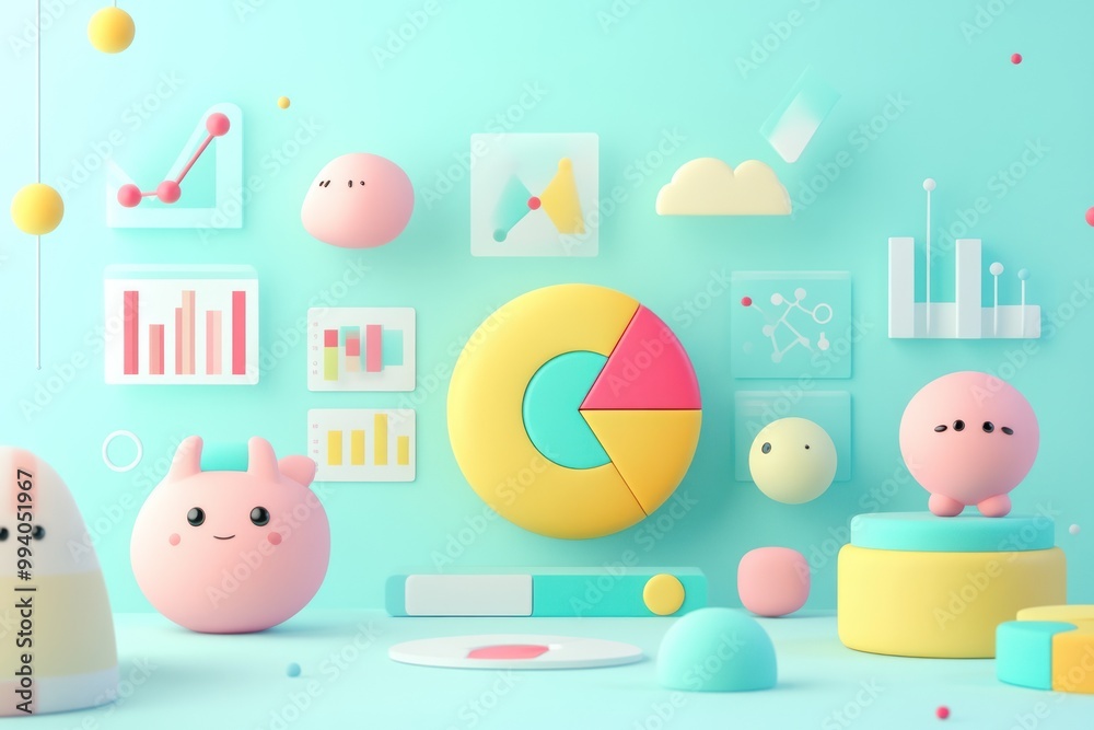 A playful, pastel-themed workspace featuring charts, graphs, and cute characters. A playful, pastel-themed workspace featuring charts, graphs, and cute characters.