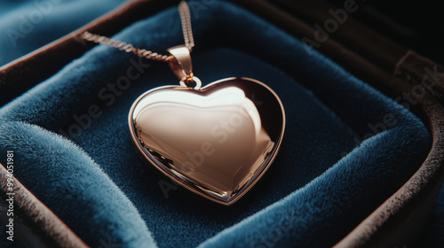 A shiny heart-shaped locket rests elegantly within a soft, blue velvet display box, suggesting romance and keepsake memories.