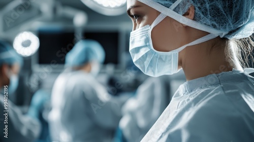 A medical professional, viewed from the side, is focused on their work in a bustling operating room filled with equipment and colleagues under bright surgical lights. photo