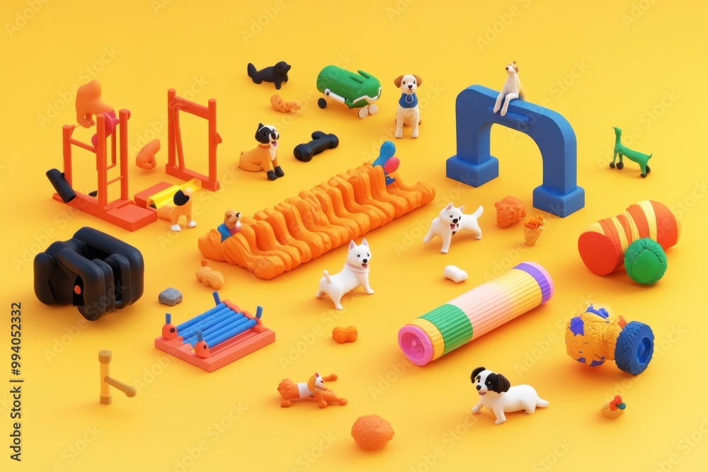 A colorful play area filled with various toys and obstacles for dogs to enjoy. A colorful play area filled with various toys and obstacles for dogs to enjoy.