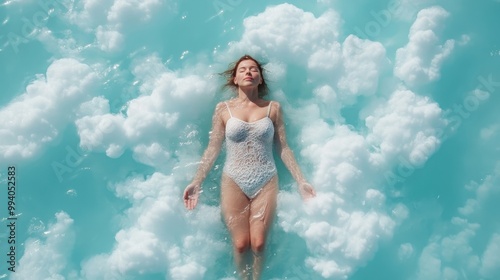 A serene woman floats in turquoise water, encircled by fluffy clouds, suggesting tranquility, freedom, and a blend of dream and reality in a vivid landscape.