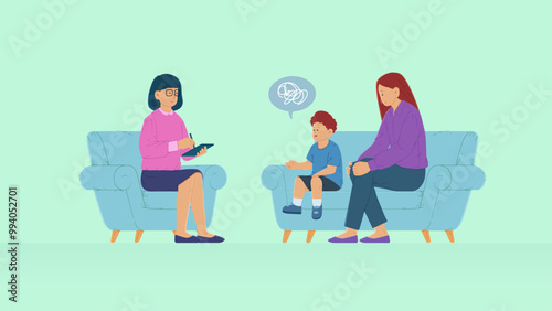 Vector Illustration of Mother Accompanies A Child To Consult A Psychologist. Scene of Person Talking to Psychotherapist. Private Psychology Scene. 