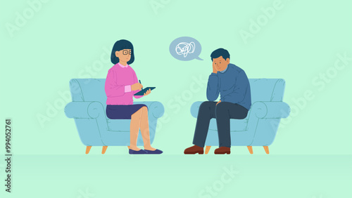 Vector Illustration of A Man Consultation to Psychotherapist. 