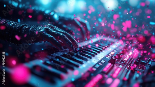 A vivid depiction of hands playing a neon-lit synthesizer, enveloped in a vibrant overlay of light particles, representing creativity and technological artistry. photo