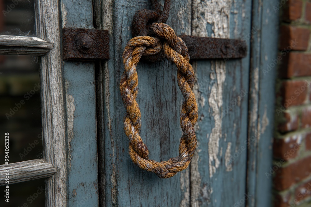 A worn rope handle hangs from a distressed blue door A worn rope handle hangs from a distressed blue door