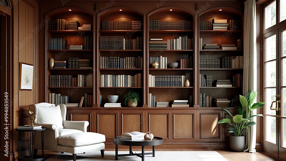 An elegant home library with built-in bookshelves, showcasing a sophisticated collection of books. This refined space offers a quiet retreat for reading and study in style. An elegant home library with built-in bookshelves, showcasing a sophisticated collection of books. This refined space offers a quiet retreat for reading and study in style.