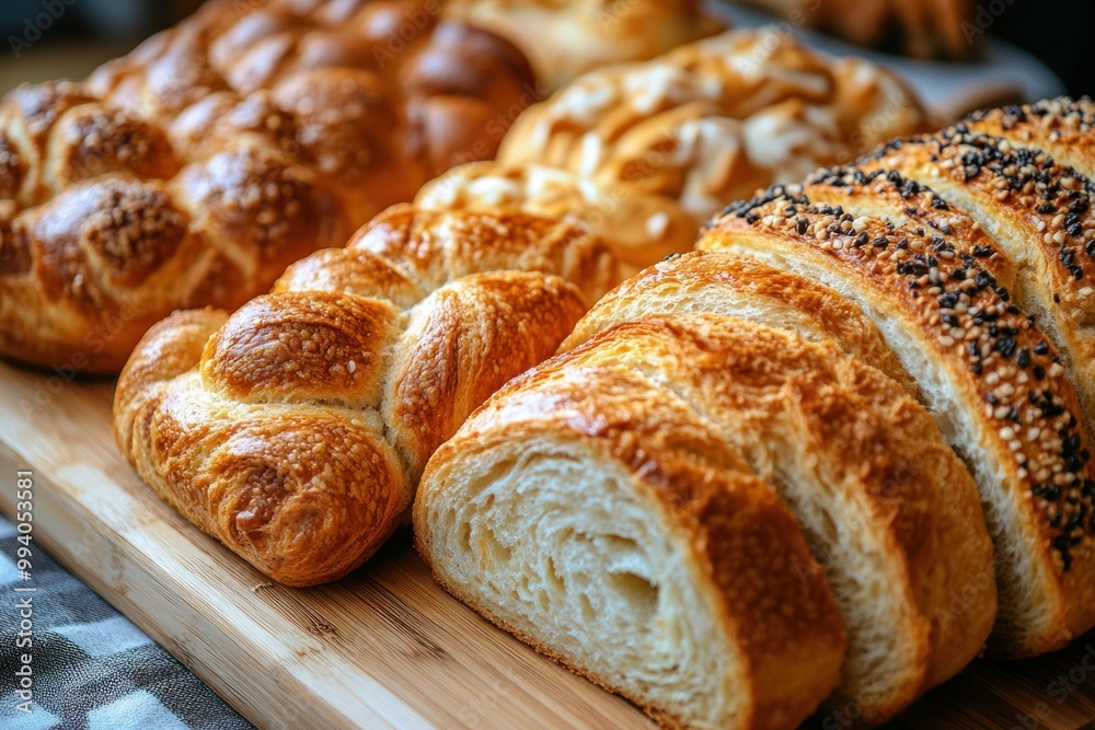 A variety of bread and pastries arranged on a wooden board in a bakery A variety of bread and pastries arranged on a wooden board in a bakery