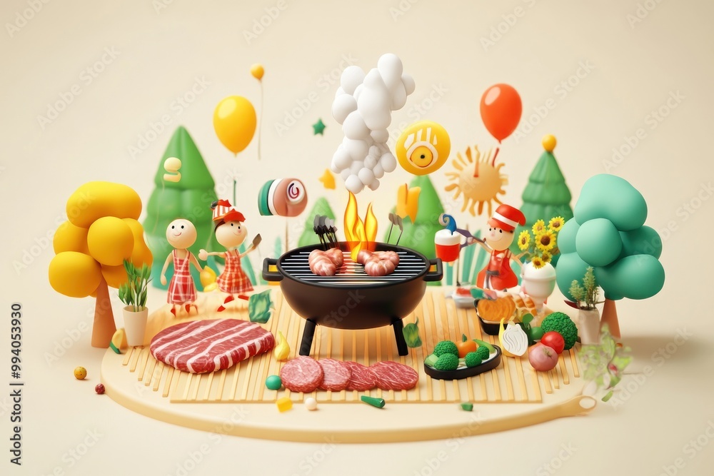 A vibrant barbecue scene with playful characters, food, and festive decorations. A vibrant barbecue scene with playful characters, food, and festive decorations.