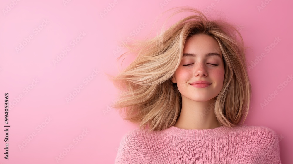 Fototapeta premium A relaxed, blonde-haired woman smiles softly while resting in front of a pink backdrop, capturing a moment of youthful calm and gentle contentment.