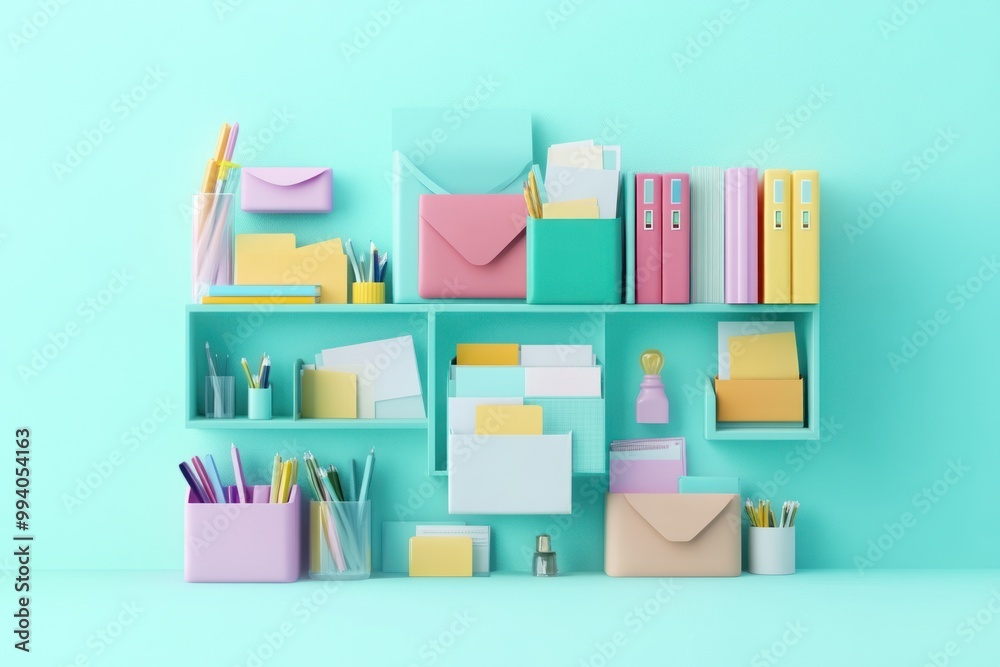 A colorful office shelf filled with stationery and organizational items for productivity. A colorful office shelf filled with stationery and organizational items for productivity.