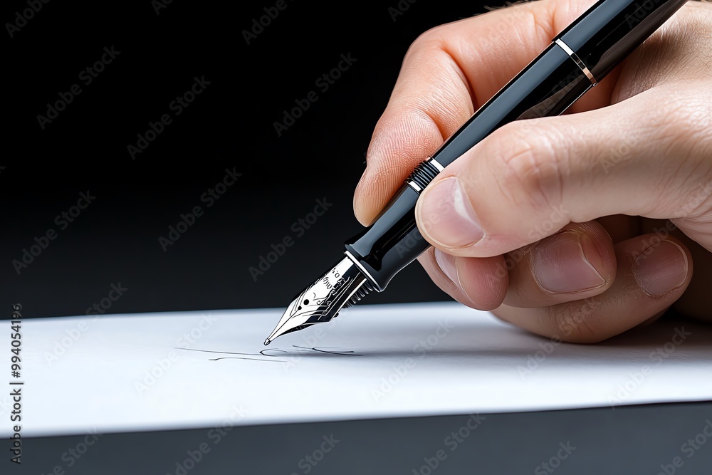 A hand holding a fountain pen, writing on a blank sheet of paper with smooth, flowing ink A hand holding a fountain pen, writing on a blank sheet of paper with smooth, flowing ink