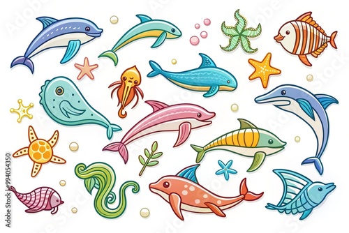 Stylized minimalist icons of diverse marine life, including thin-lined fish, dolphins, whales, and seahorses, isolated on a white background, bursting with colorful vibrancy. photo